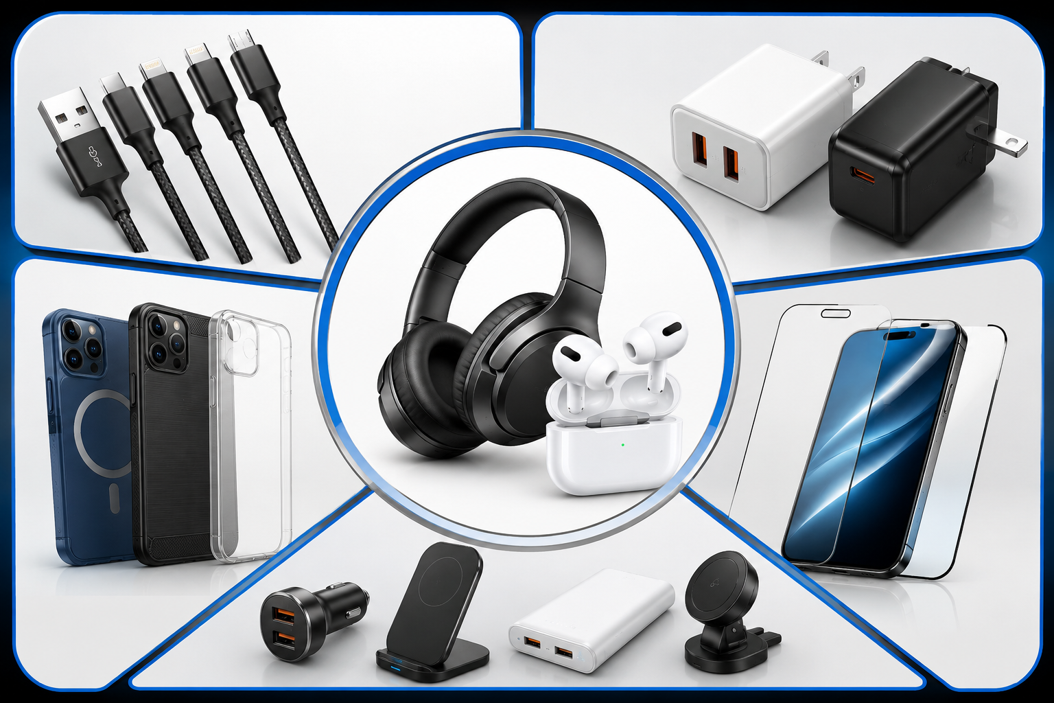 Phone accessories — cases, chargers, cables, earphones, screen protectors